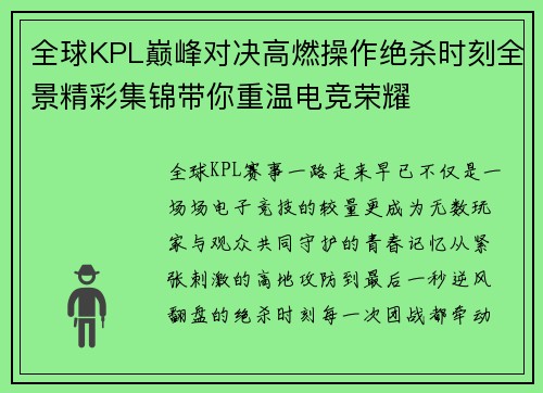 全球KPL巅峰对决高燃操作绝杀时刻全景精彩集锦带你重温电竞荣耀