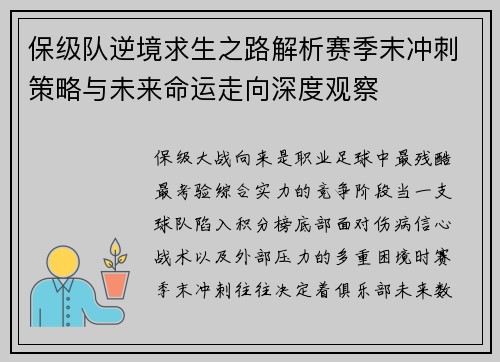 保级队逆境求生之路解析赛季末冲刺策略与未来命运走向深度观察 保级队逆境求生之路解析赛季末冲刺策略与未来命运走向深度观察